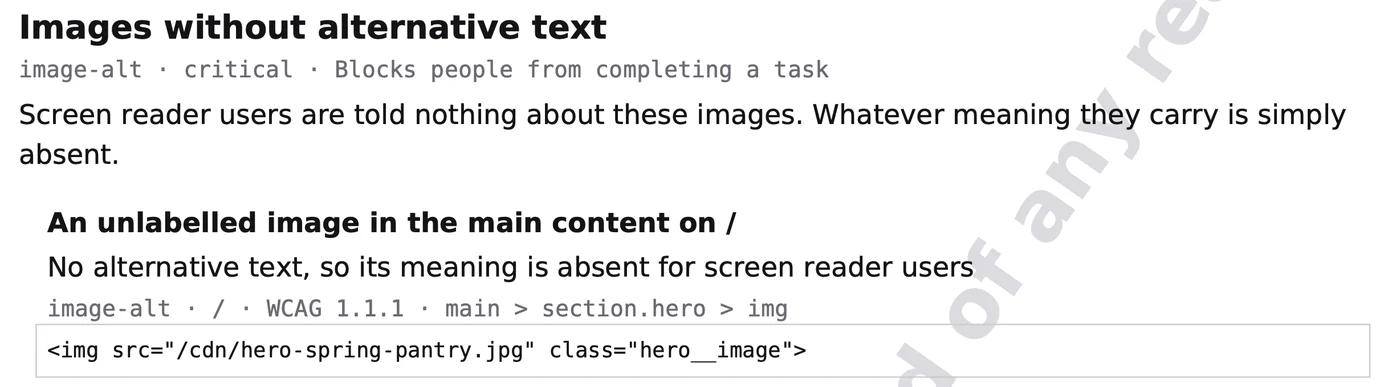 From the sample report: Images without alternative text. Screen reader users are told nothing about these images.