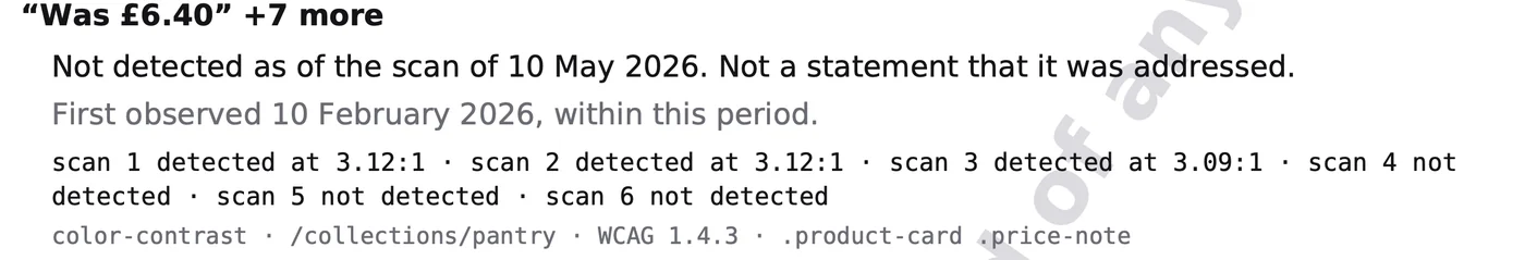 From the sample report: a price note, not detected as of the scan of 10 May 2026, with its scan-by-scan history.